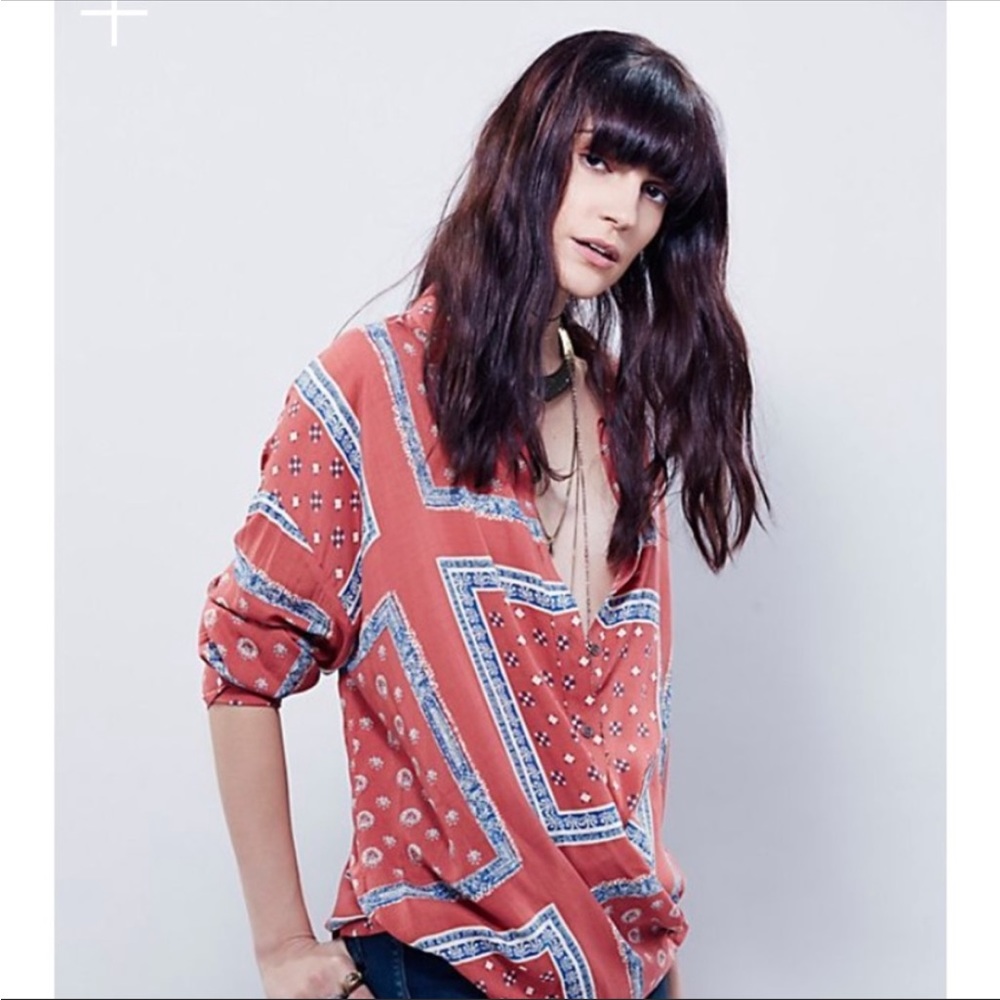 Free People Little Secrets Scarf Bandana Print Button Down Top XS Oversized